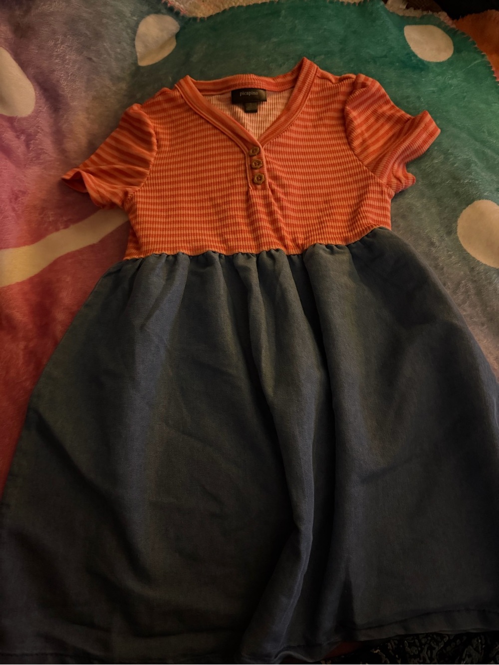 Picapino Orange Ribbed Top with Blue Skirt Kids Dress